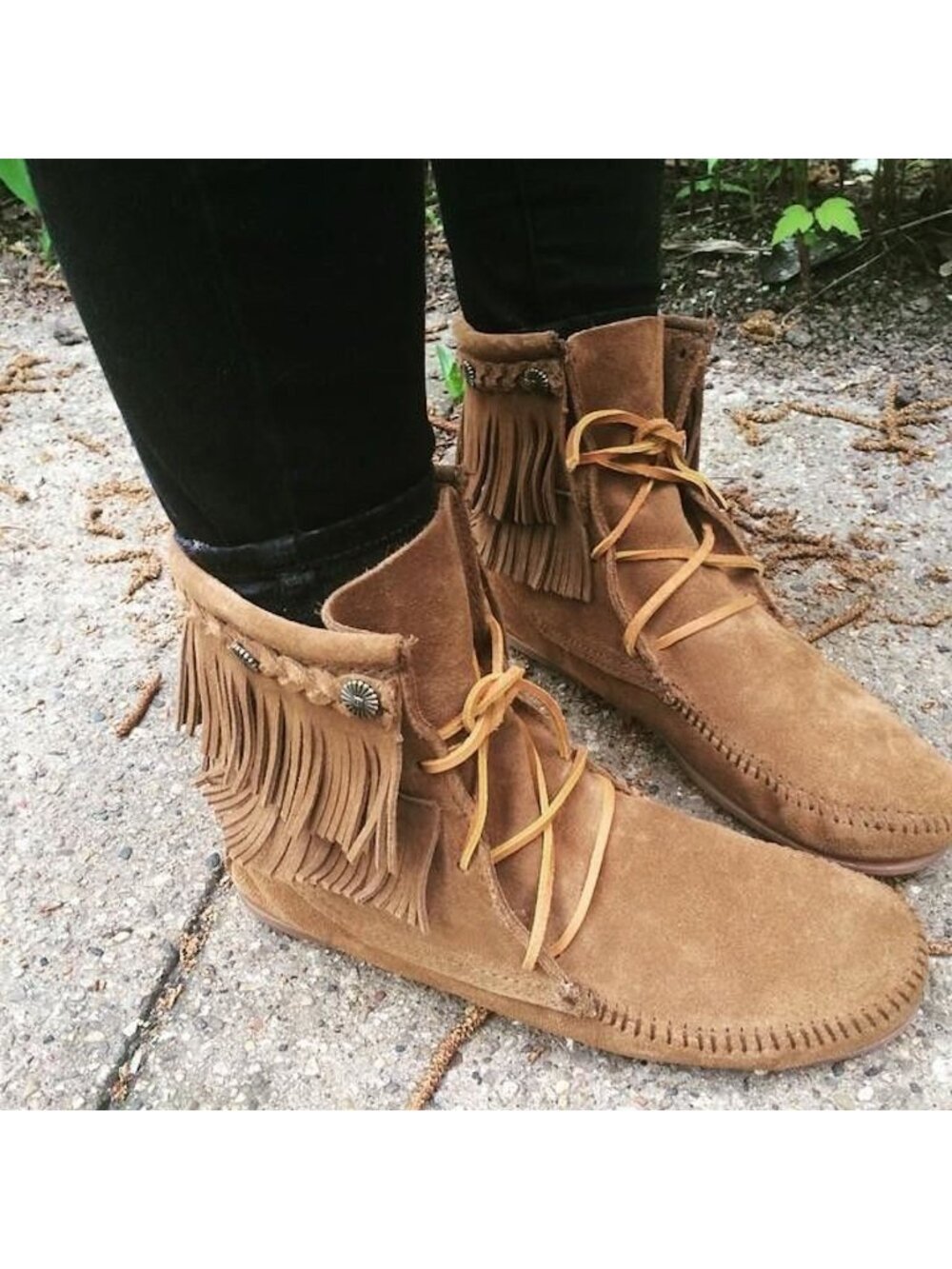 MINNETONKA  Fringe Suede Tramper Moccasin Boots Brown Size 8